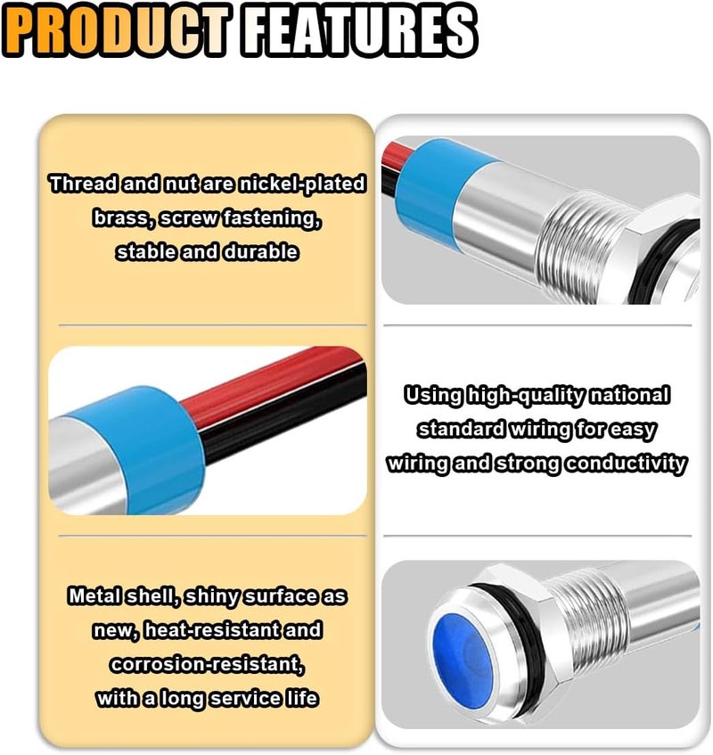 GLSOWEE 5 قطع 6 مم 1/4" ضوء مؤشر LED، 12-24 فولت تيار متردد/تيار مستمر، مصباح إشارة معدني مقاوم للماء IP66، مؤشر معدني بسلك بطول 145 مم، ضوء مؤشر LED للسيارات والشاحنات والقوارب (أزرق) - Image 3